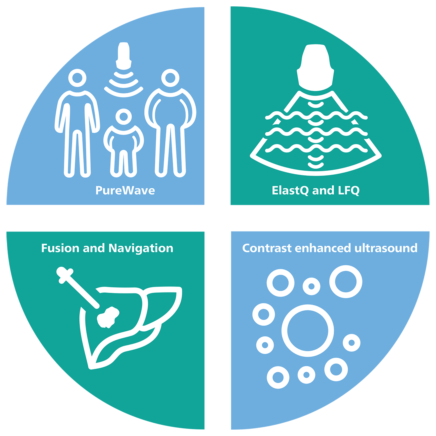 Gr&aacute;fico azul y verde de las propiedades del equipo ecogr&aacute;fico para aplicaciones hep&aacute;ticas