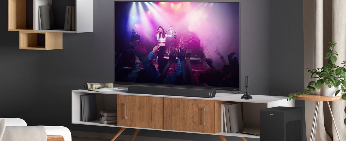 Un moderno sal&oacute;n con un televisor complementado con accesorios a juego y muebles elegantes