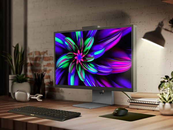 Philips Brilluance monitor on a clean desk with just a single Thunderbolt cable connected