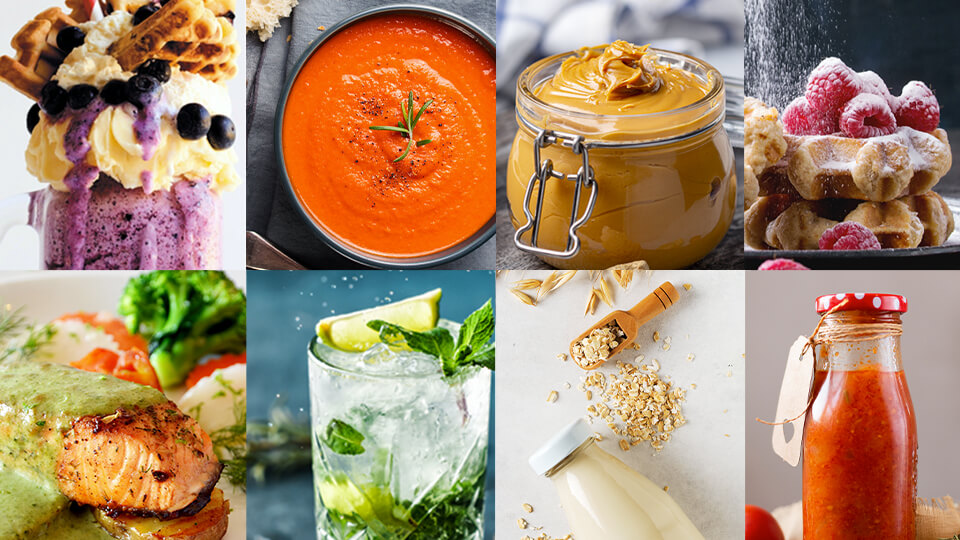 Variedad de platos: batido de ar&aacute;ndanos, sopa de crema de tomate, mantequilla de cacahuete, gofres con frambuesas y az&uacute;car glas, salsa de albahaca verde, mojito con hielo picado, leche de avena, salsa de tomate espesa