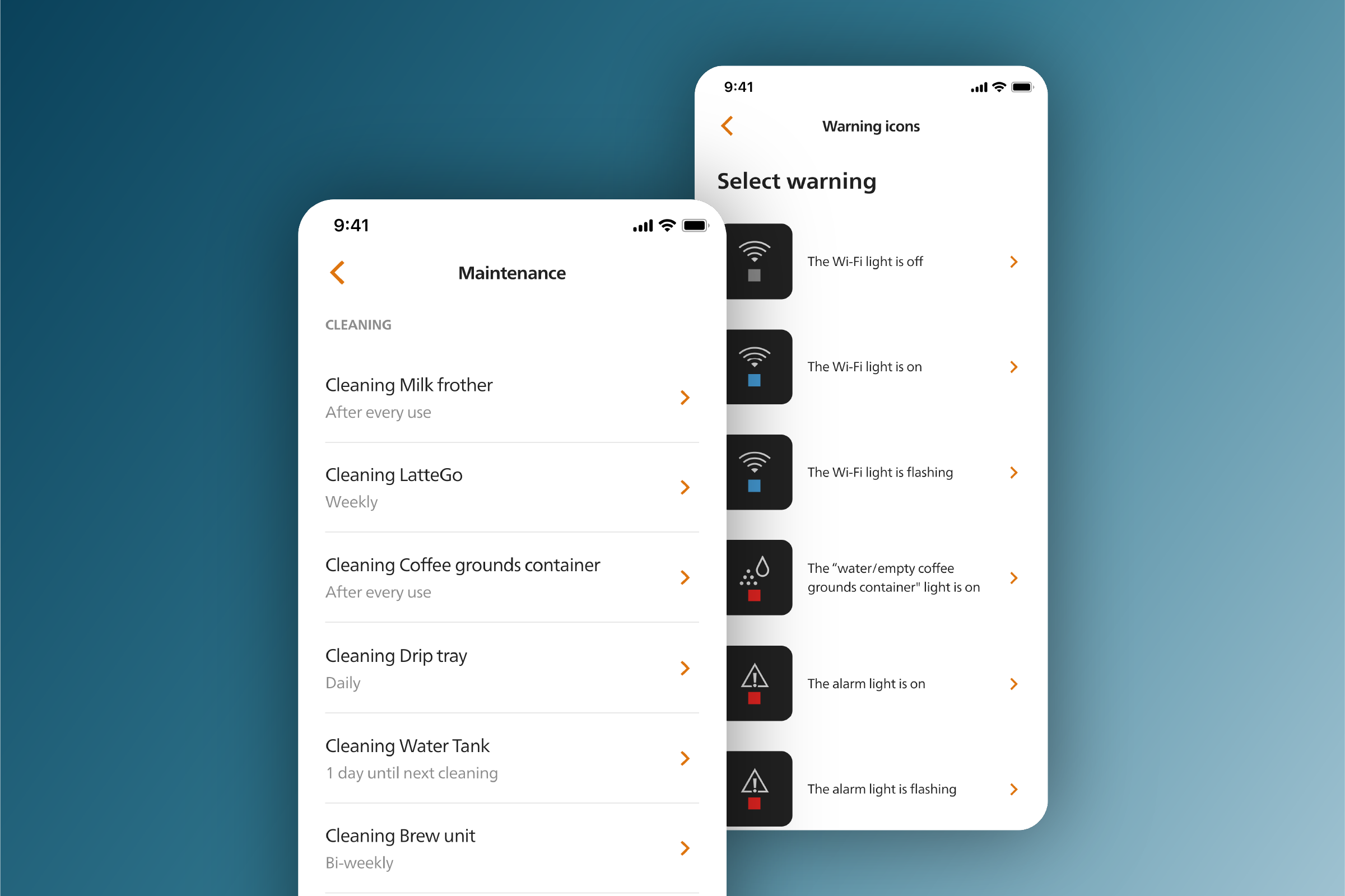 Aplicaci&oacute;n Philips Coffee+, mantenimiento y datos de asistencia en pantallas de tel&eacute;fono