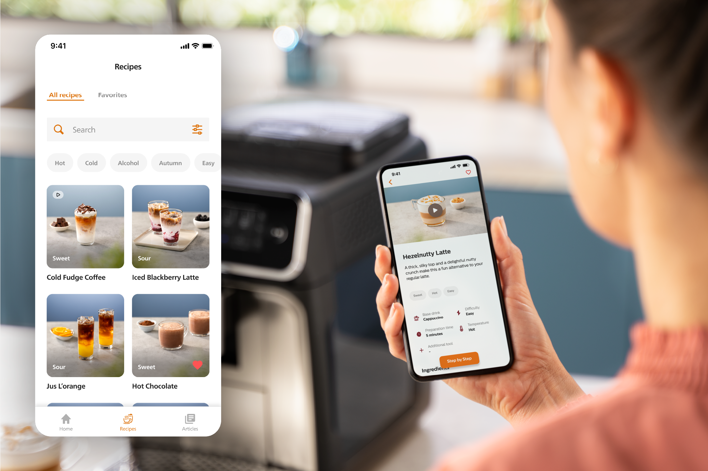 Pantallas de tel&eacute;fono que muestran recetas de caf&eacute; en la aplicaci&oacute;n Coffee+