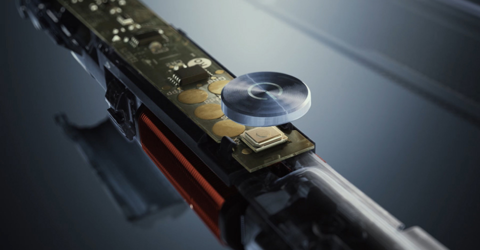 Una fotografía de un primer plano del funcionamiento mecánico interno de un producto Philips con un diseño sostenible y una larga vida útil.