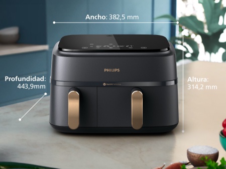 Cesta doble de Philips sobre la encimera con todas las dimensiones descritas: 38,25&nbsp;x&nbsp;31,42&nbsp;x&nbsp;44,39&nbsp;cm (An.&nbsp;x&nbsp;Pr.&nbsp;x&nbsp;Al.)